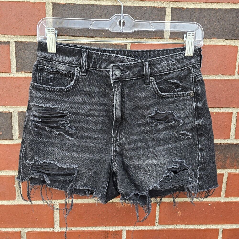 American Eagle Black Denim Jean Distressed Mom Shorts Cross Waist Womens Sz 2